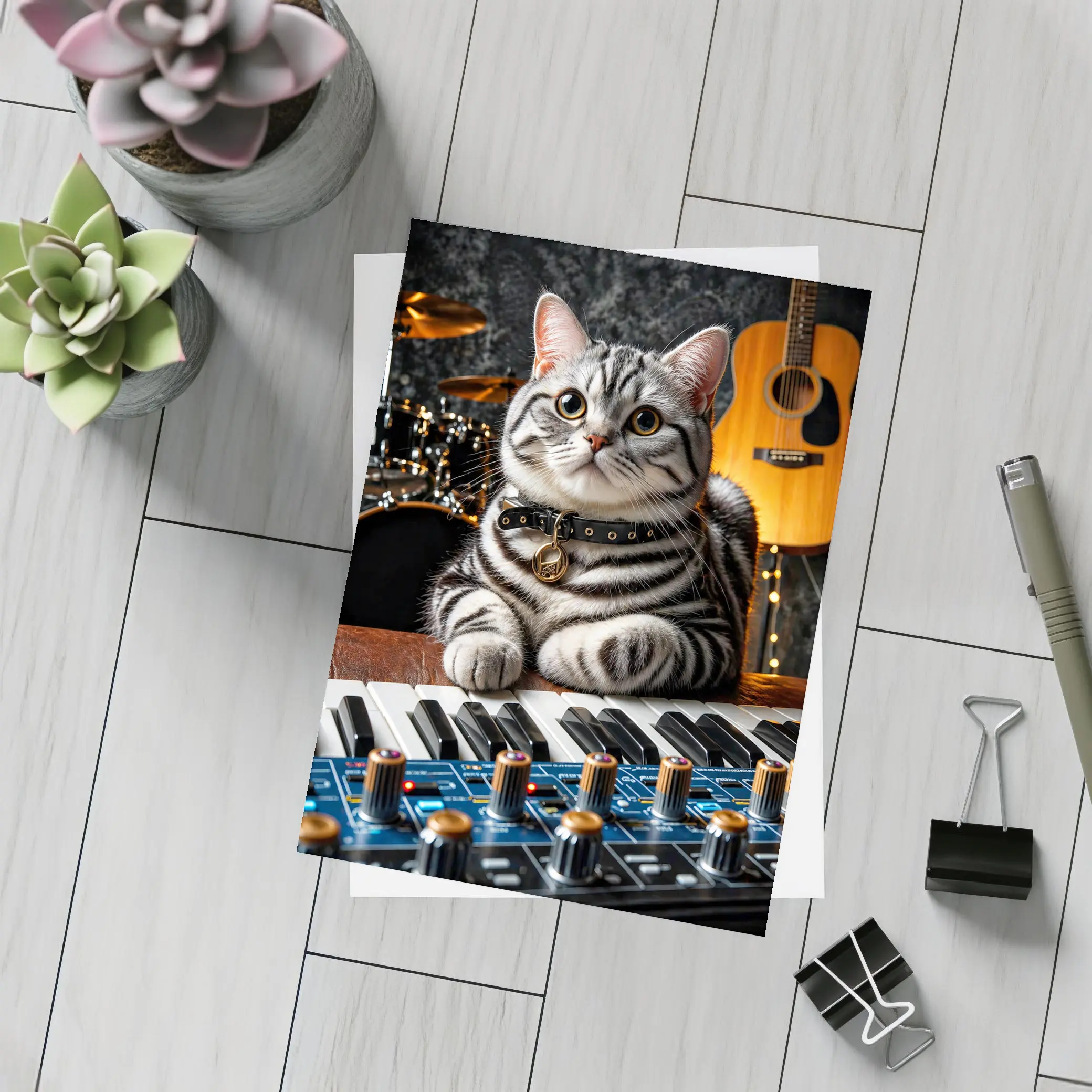 American Shorthair Cat Playing Studio Keyboard – Postcards