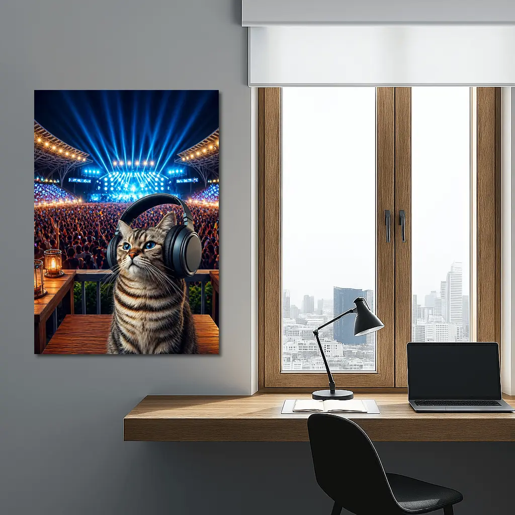 Tabby Cat Wearing Headphones at Concert – Wall Art