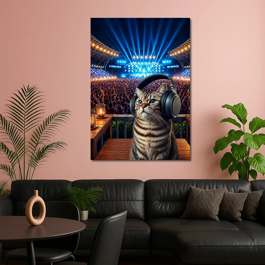 Tabby Cat Wearing Headphones at Concert – Wall Art