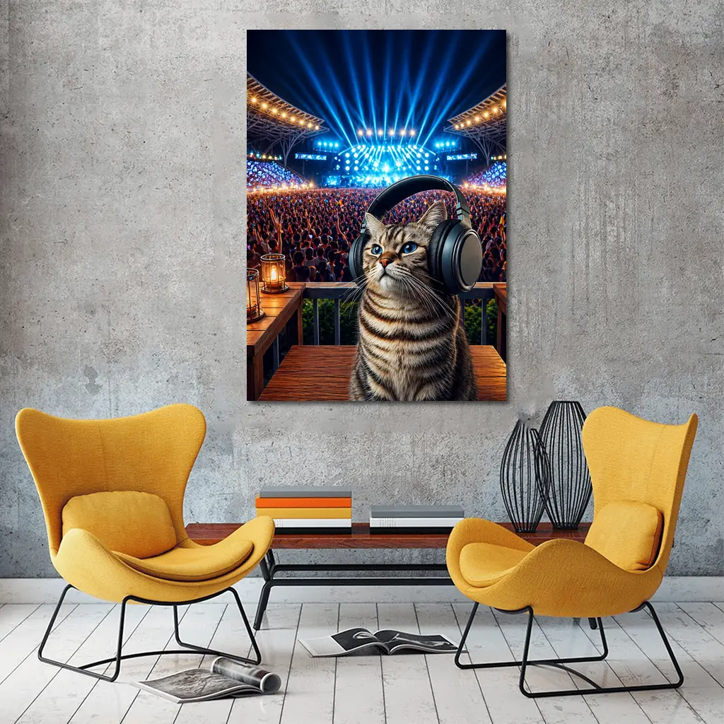Tabby Cat Wearing Headphones at Concert – Wall Art