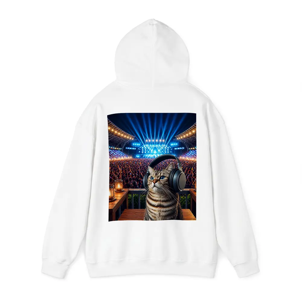 Tabby Cat Wearing Headphones at Concert – Hoodies