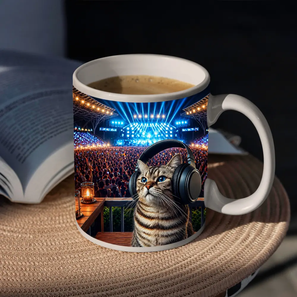 Tabby Cat Wearing Headphones at Concert – Mugs