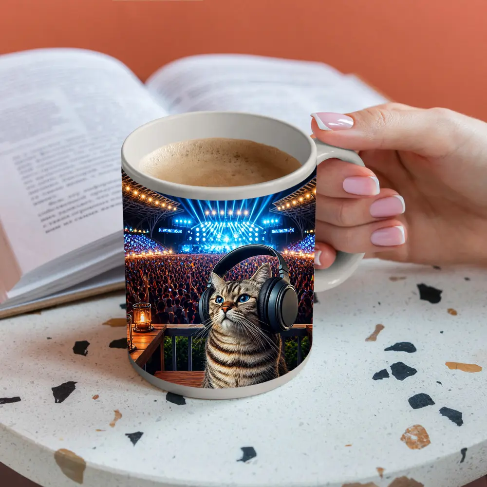 Tabby Cat Wearing Headphones at Concert – Mugs