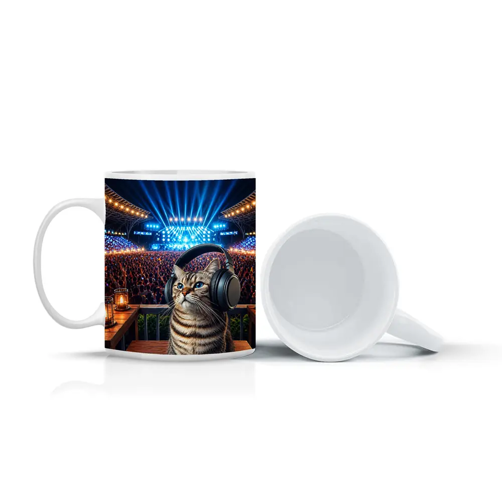 Tabby Cat Wearing Headphones at Concert – Mugs