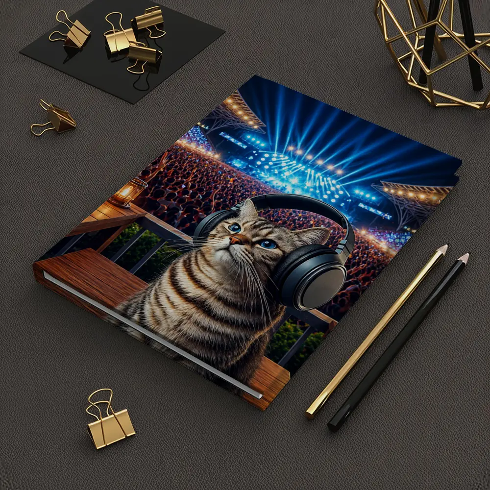 Tabby Cat Wearing Headphones at Concert – Notebooks