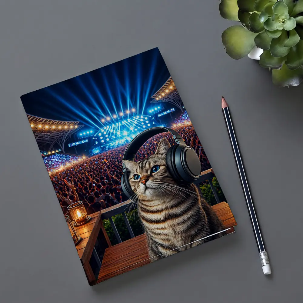Tabby Cat Wearing Headphones at Concert – Notebooks