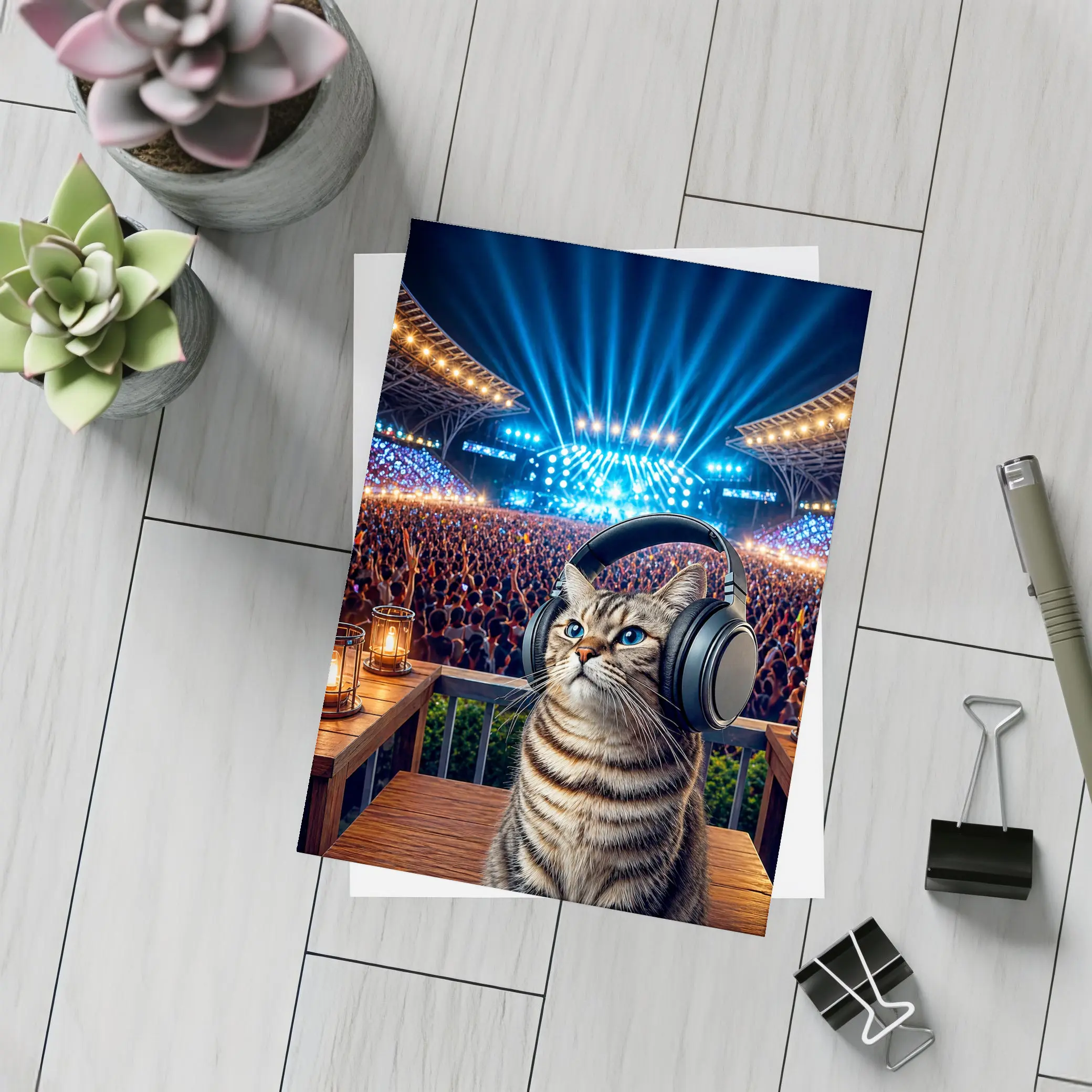 Tabby Cat Wearing Headphones at Concert – Postcards