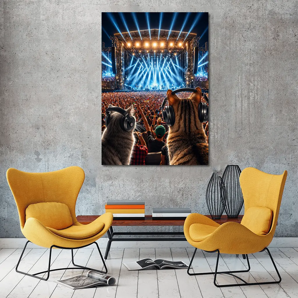 Cats With Headphones At Rock Concert Festival – Wall Art