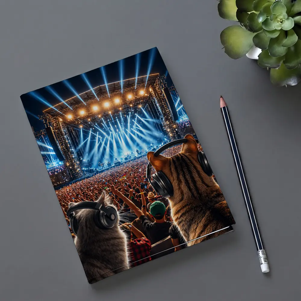 Cats With Headphones At Rock Concert Festival – Notebooks