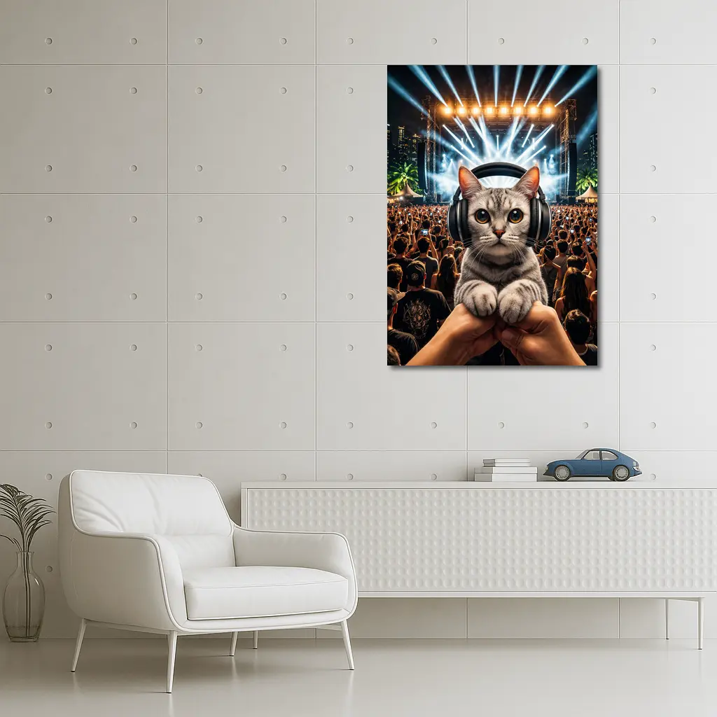 Cat With Headphones At Music Festival – Wall Art