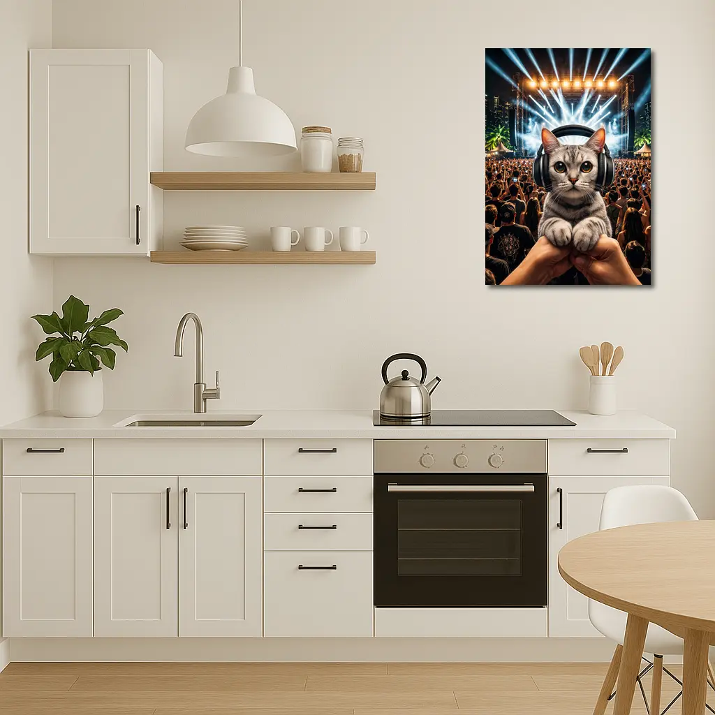 Cat With Headphones At Music Festival – Wall Art