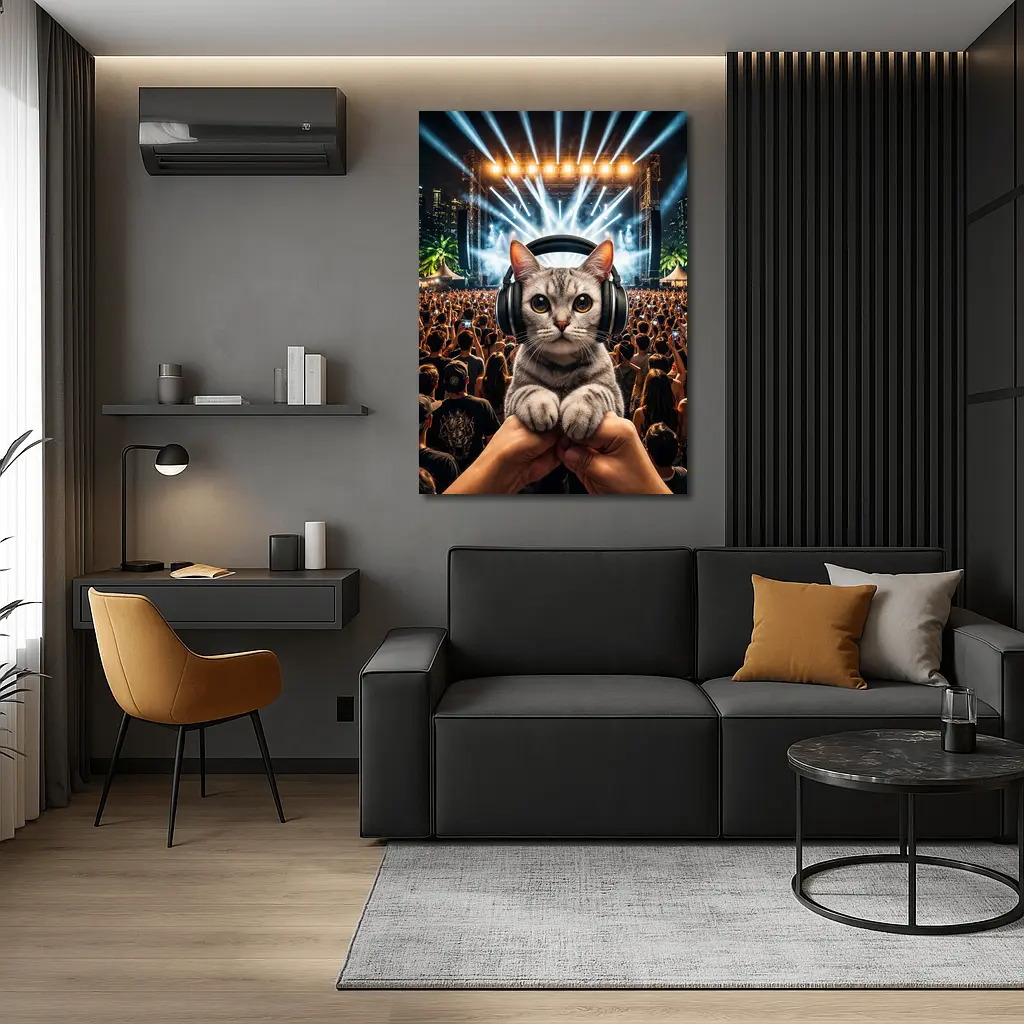 Cat With Headphones At Music Festival – Wall Art