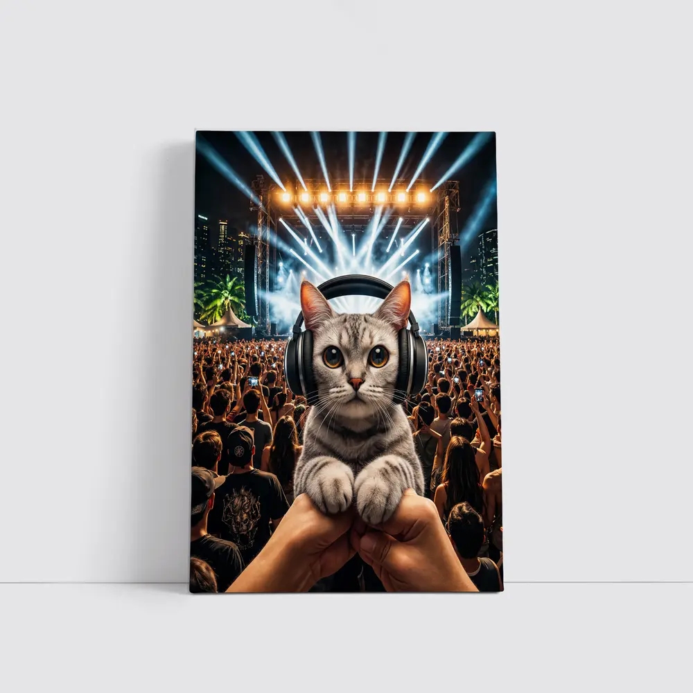 Cat With Headphones At Music Festival – Wall Art