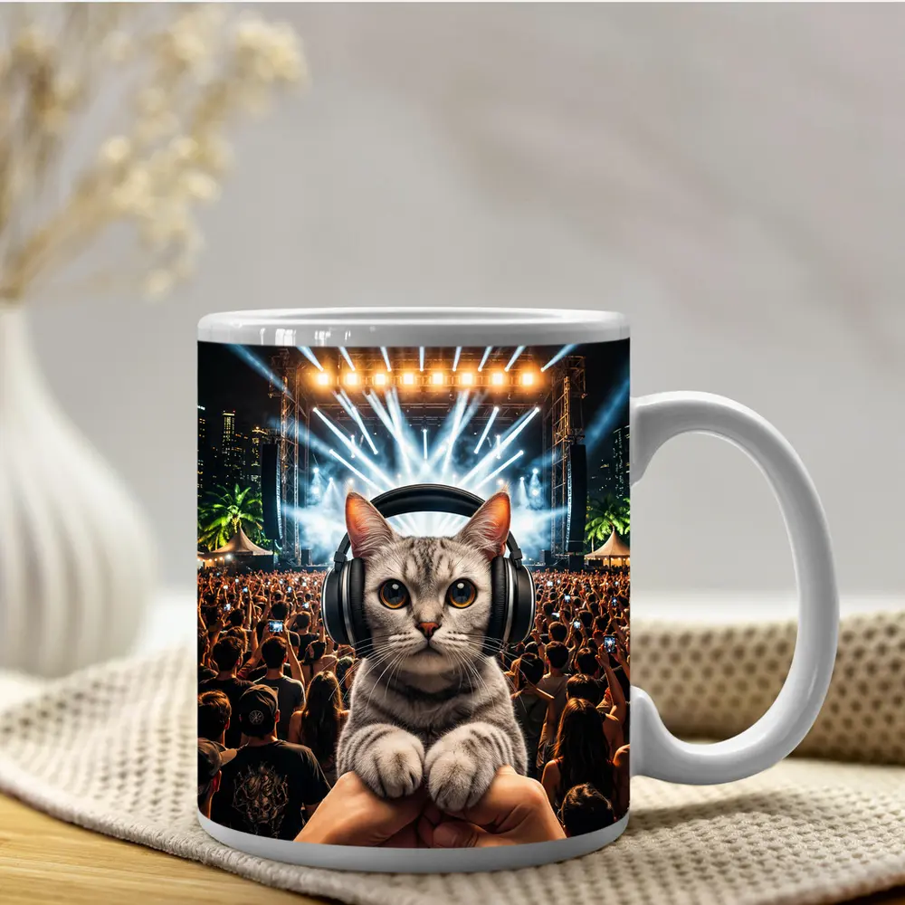 Cat With Headphones At Music Festival – Mugs