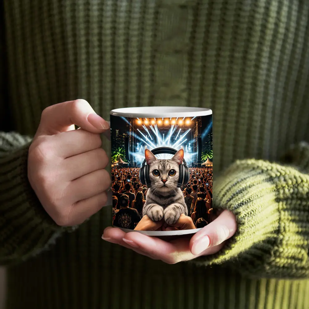 Cat With Headphones At Music Festival – Mugs