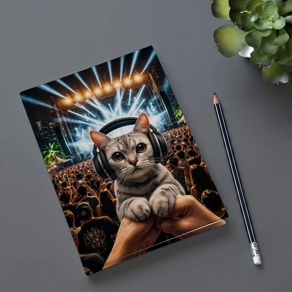 Cat With Headphones At Music Festival – Notebooks