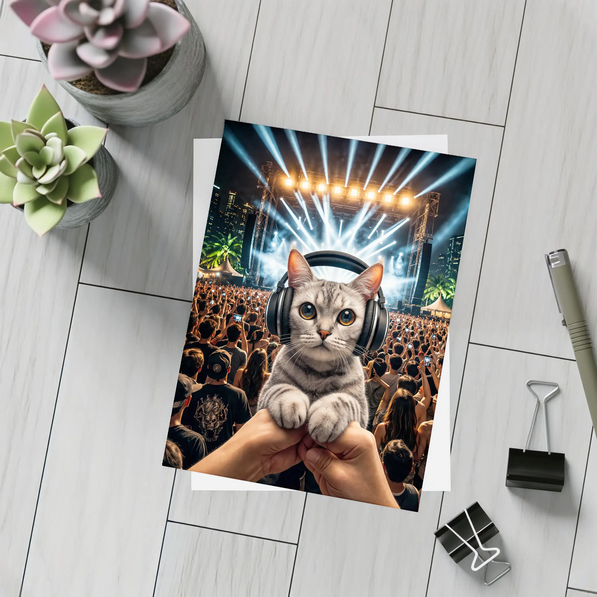 Cat With Headphones At Music Festival – Postcards
