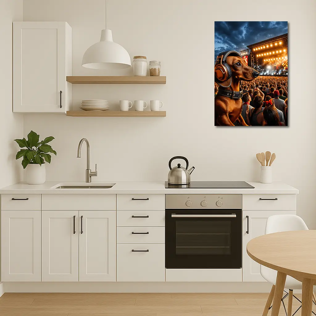 Dachshund With Headphones At Rock Concert – Wall Art