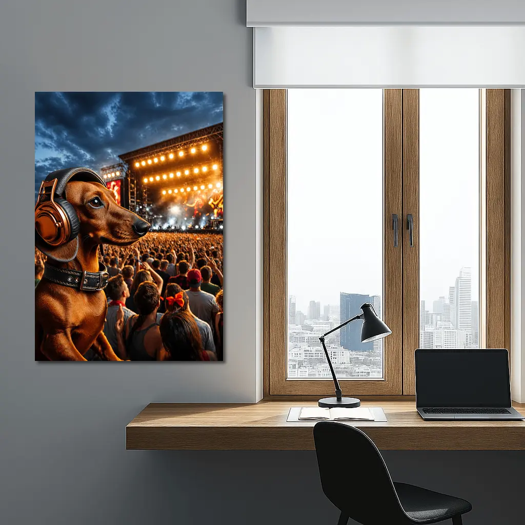 Dachshund With Headphones At Rock Concert – Wall Art