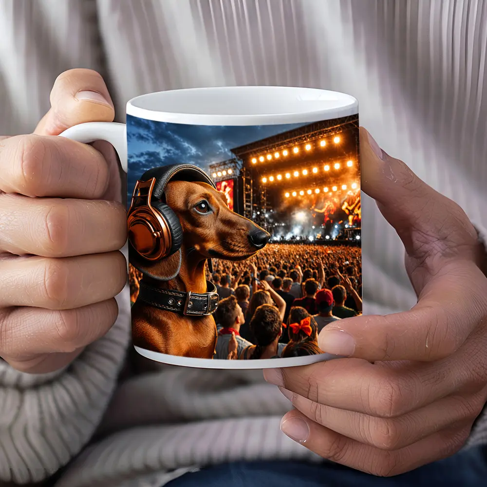Dachshund With Headphones At Rock Concert – Mugs