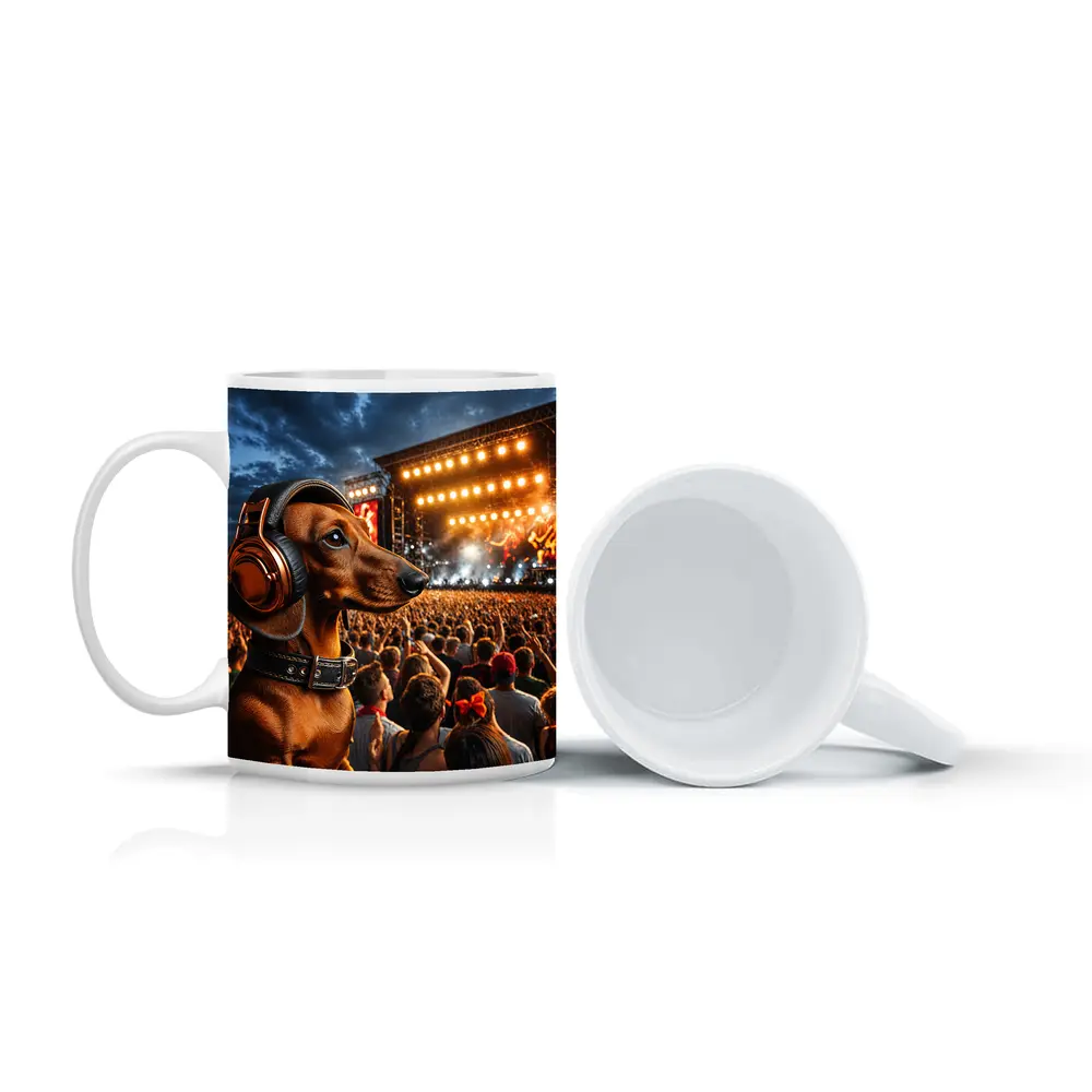 Dachshund With Headphones At Rock Concert – Mugs