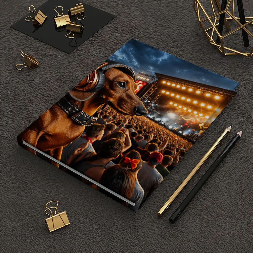 Dachshund With Headphones At Rock Concert – Notebooks