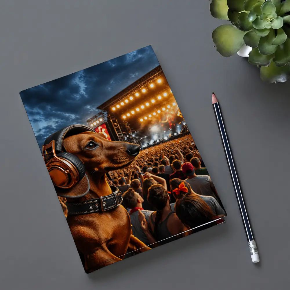 Dachshund With Headphones At Rock Concert – Notebooks