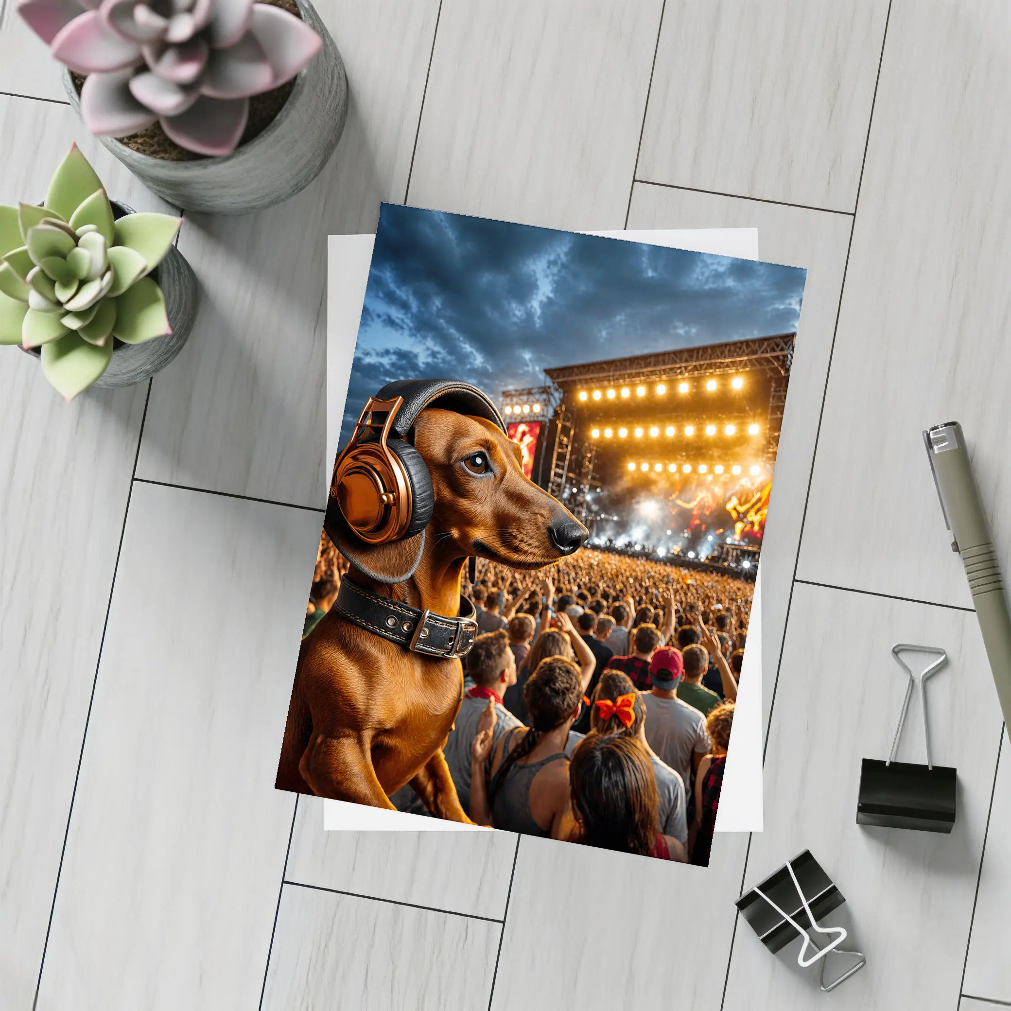 Dachshund With Headphones At Rock Concert – Postcards