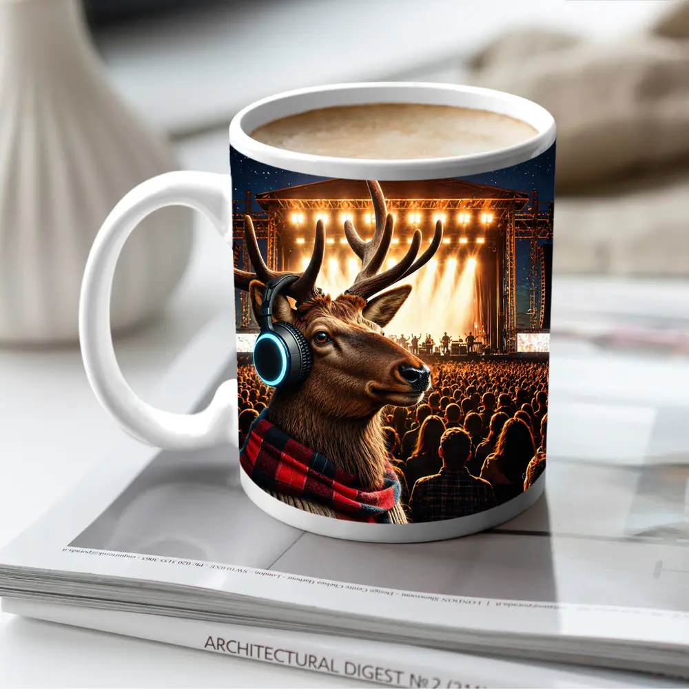 Deer With Headphones At Concert Stage – Mugs