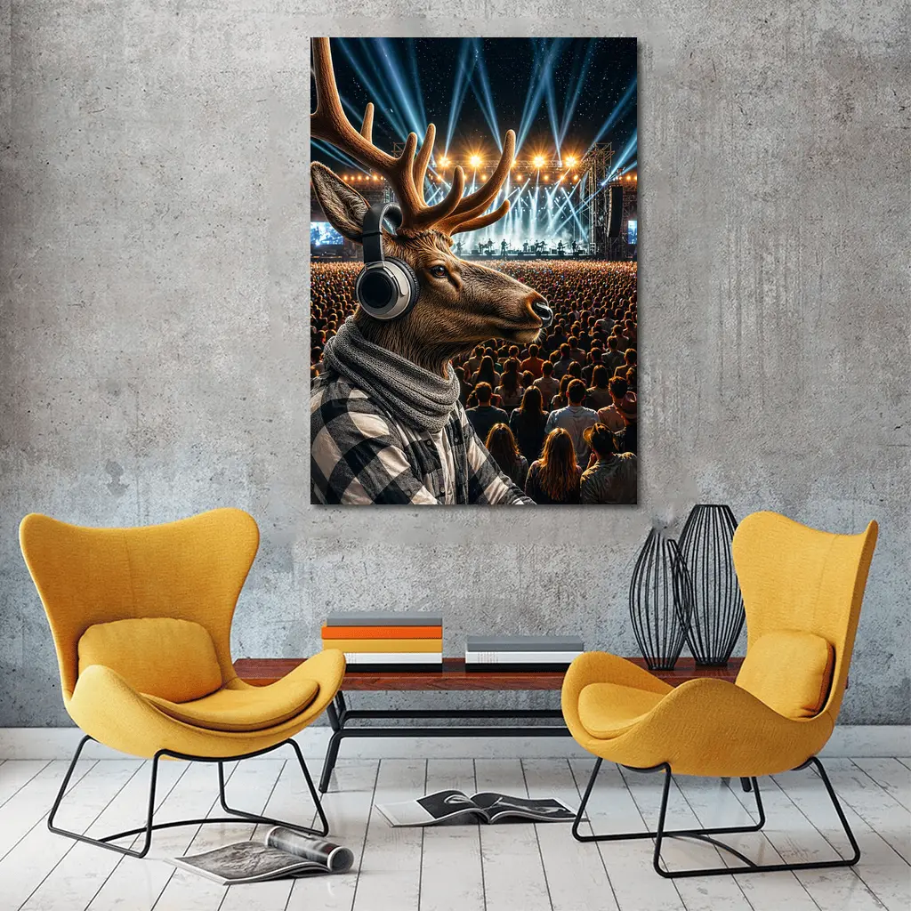 Deer With Headphones At Concert Festival – Wall Art