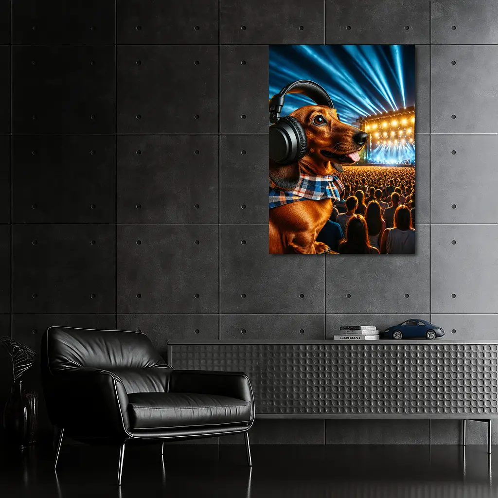 Dachshund With Headphones At Concert – Wall Art