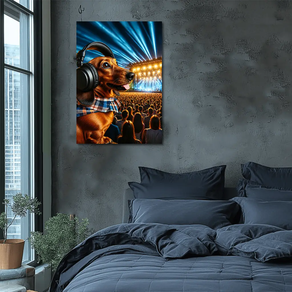 Dachshund With Headphones At Concert – Wall Art