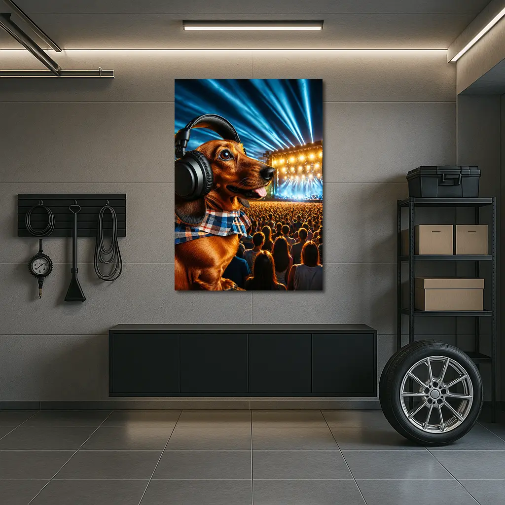 Dachshund With Headphones At Concert – Wall Art