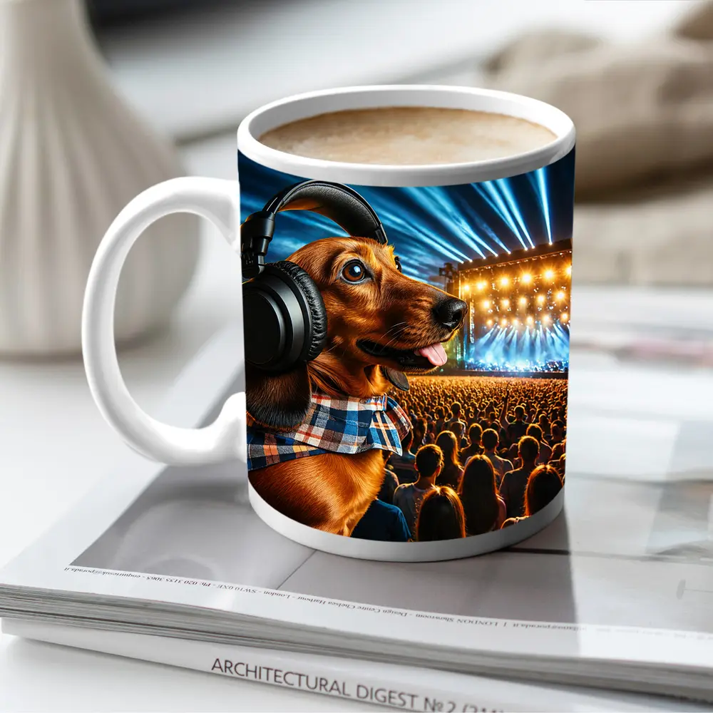 Dachshund With Headphones At Concert – Mugs