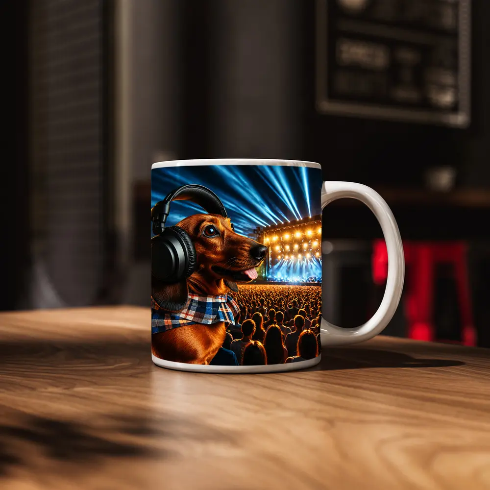 Dachshund With Headphones At Concert – Mugs