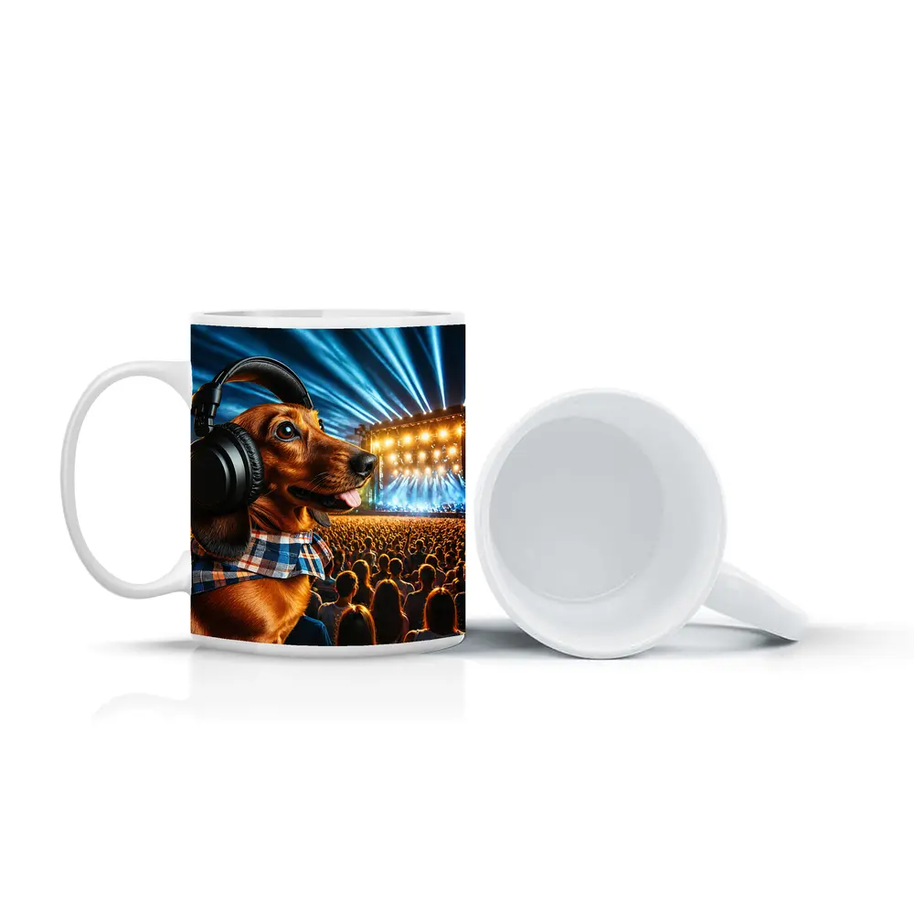 Dachshund With Headphones At Concert – Mugs
