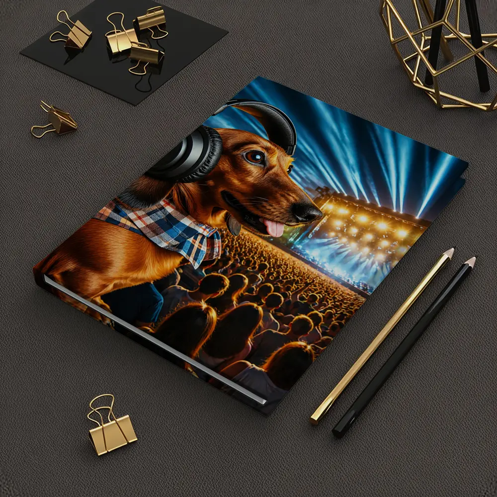 Dachshund With Headphones At Concert – Notebooks