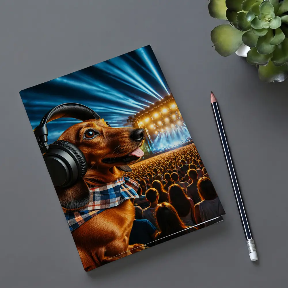 Dachshund With Headphones At Concert – Notebooks