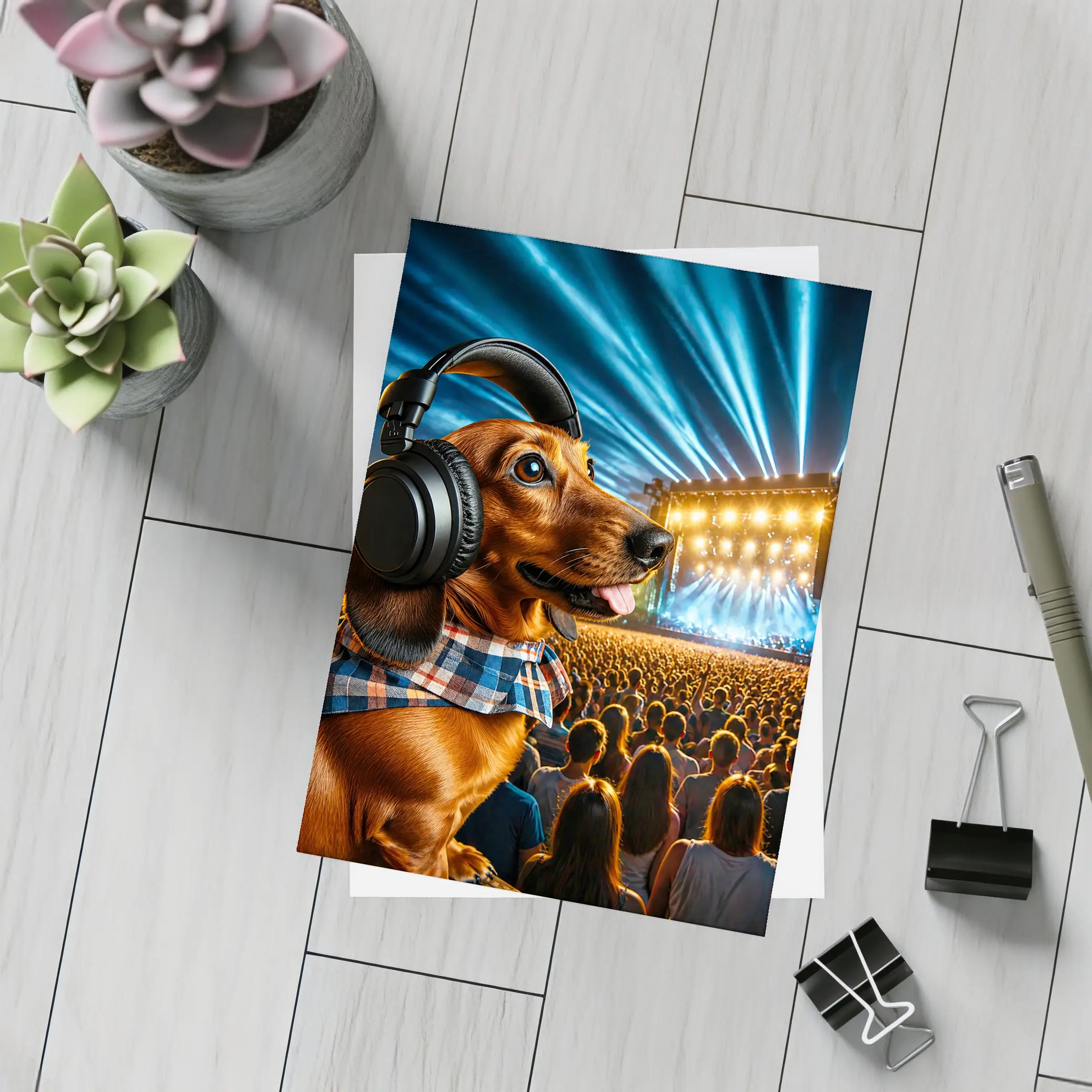 Dachshund With Headphones At Concert – Postcards