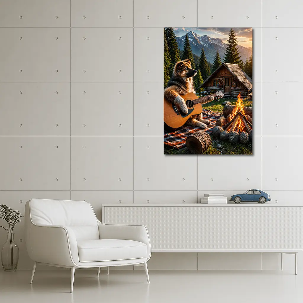 German Shepherd Playing Guitar Forest Cabin – Wall Art
