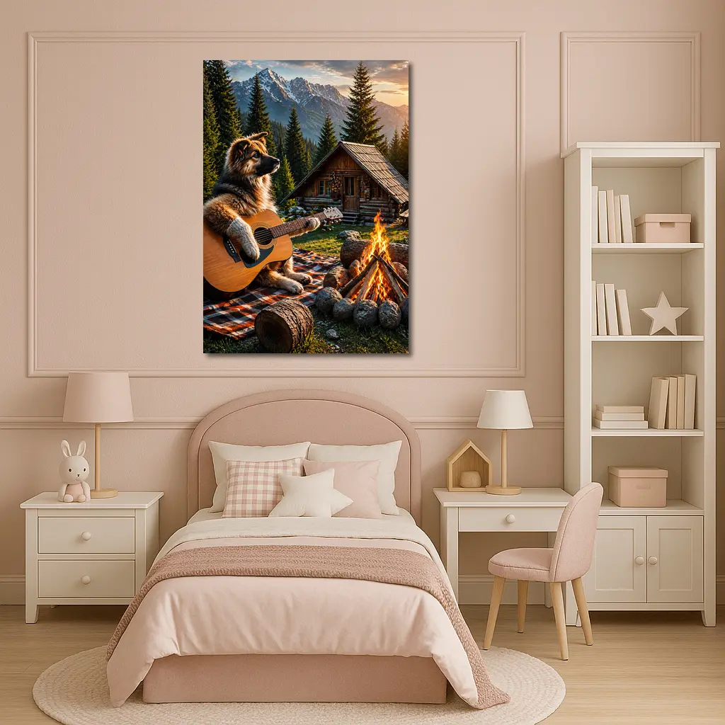 German Shepherd Playing Guitar Forest Cabin – Wall Art