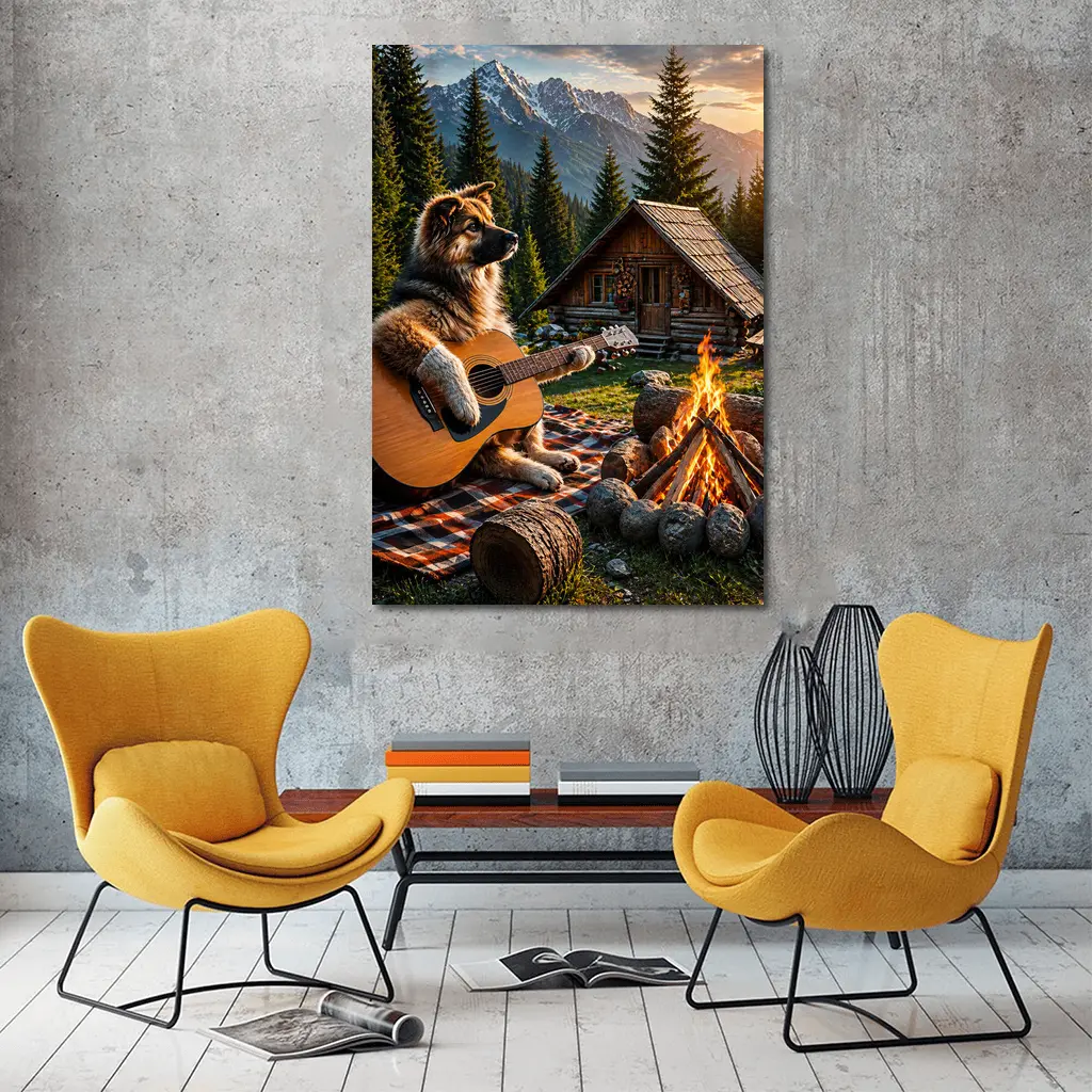 German Shepherd Playing Guitar Forest Cabin – Wall Art