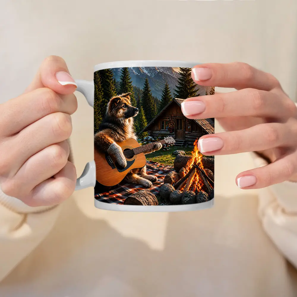 German Shepherd Playing Guitar Forest Cabin – Mugs