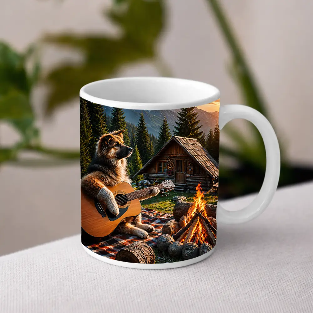 German Shepherd Playing Guitar Forest Cabin – Mugs