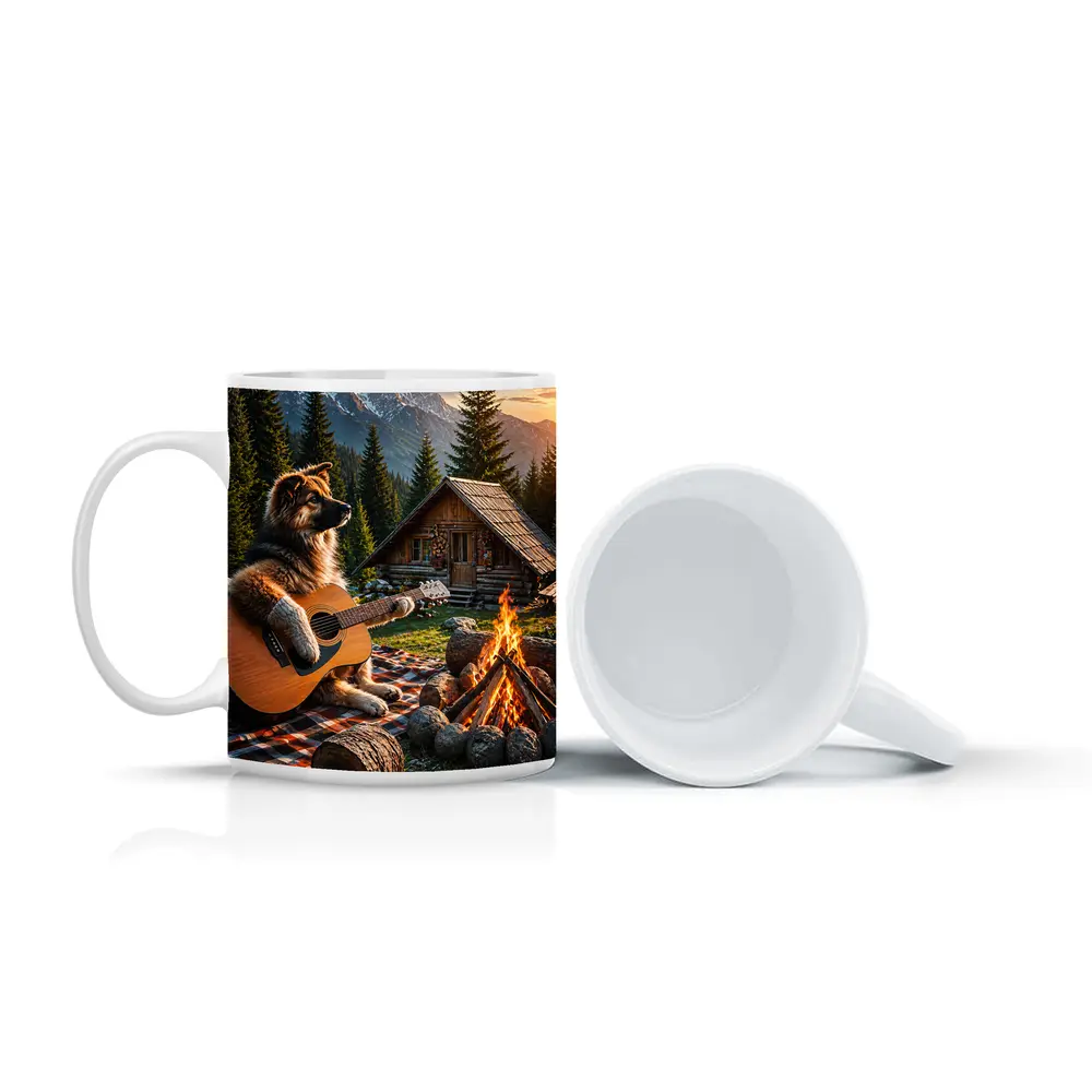 German Shepherd Playing Guitar Forest Cabin – Mugs