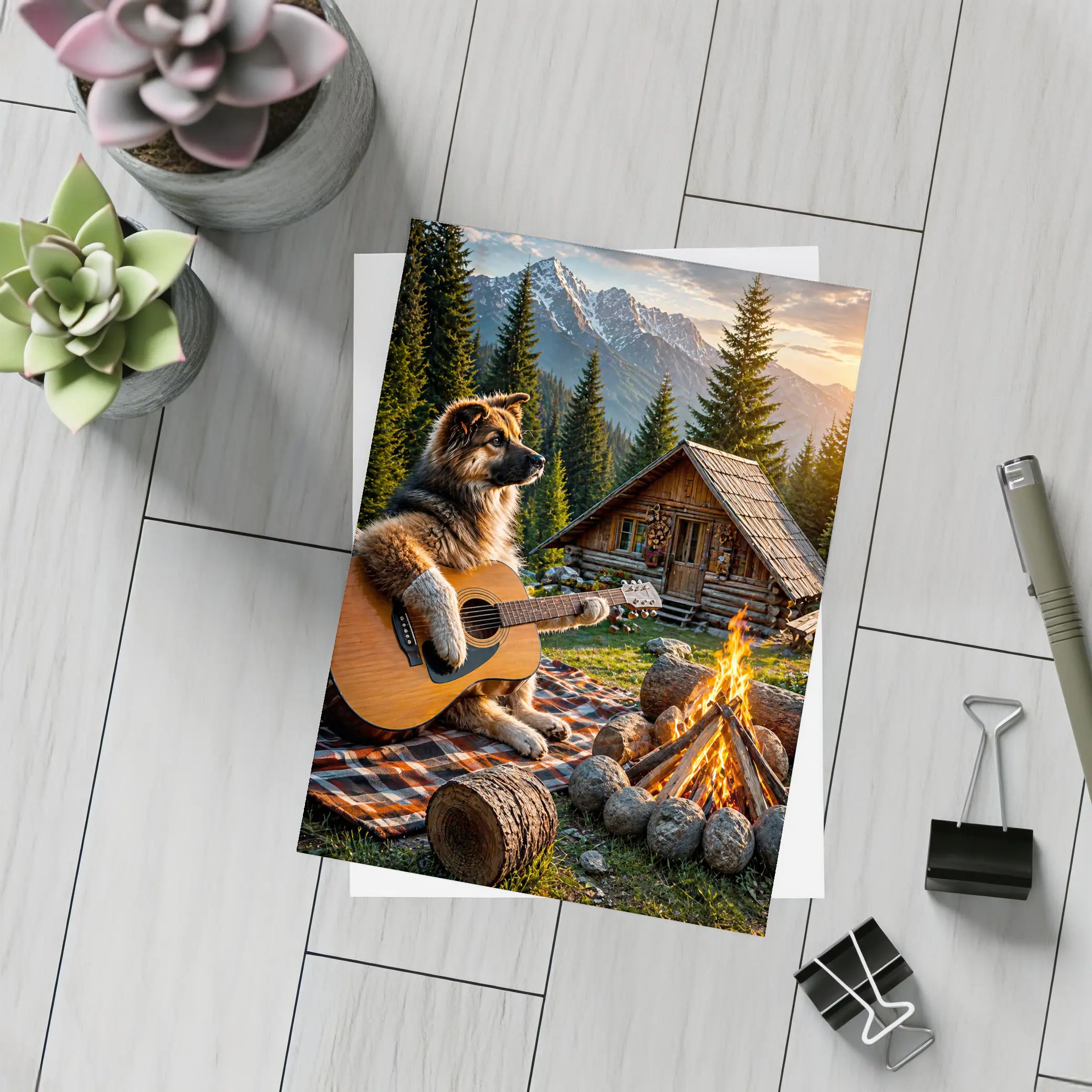 German Shepherd Playing Guitar Forest Cabin – Postcards