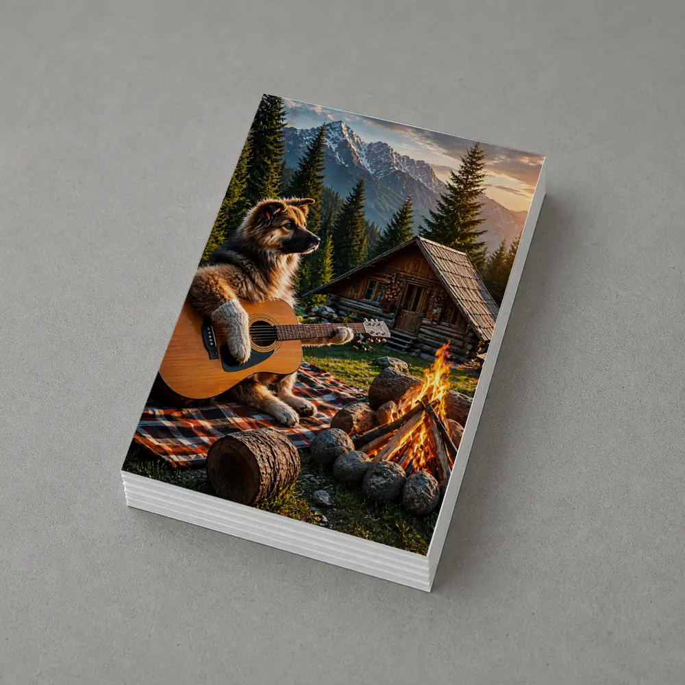 German Shepherd Playing Guitar Forest Cabin – Postcards