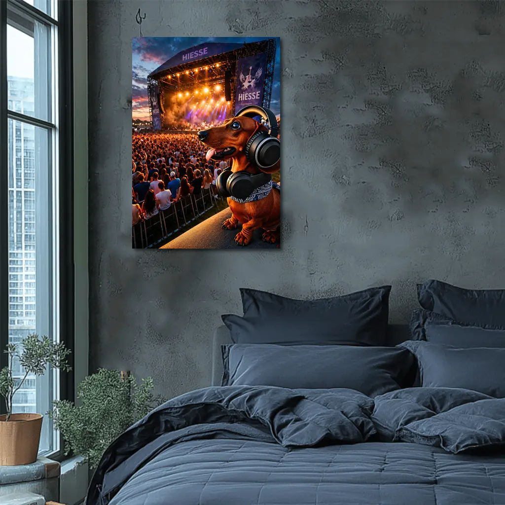 Dachshund With Headphones At Music Festival – Wall Art