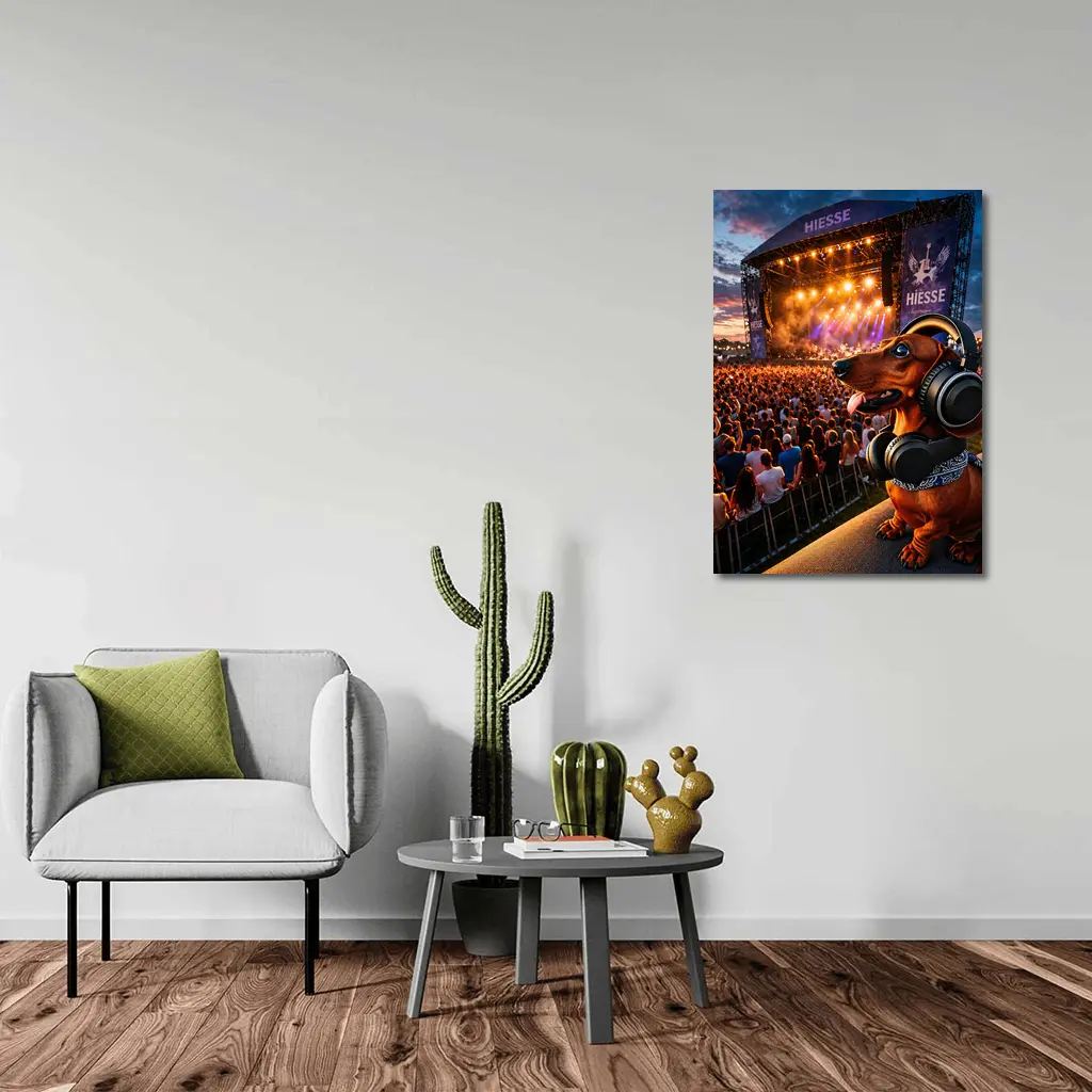 Dachshund With Headphones At Music Festival – Wall Art