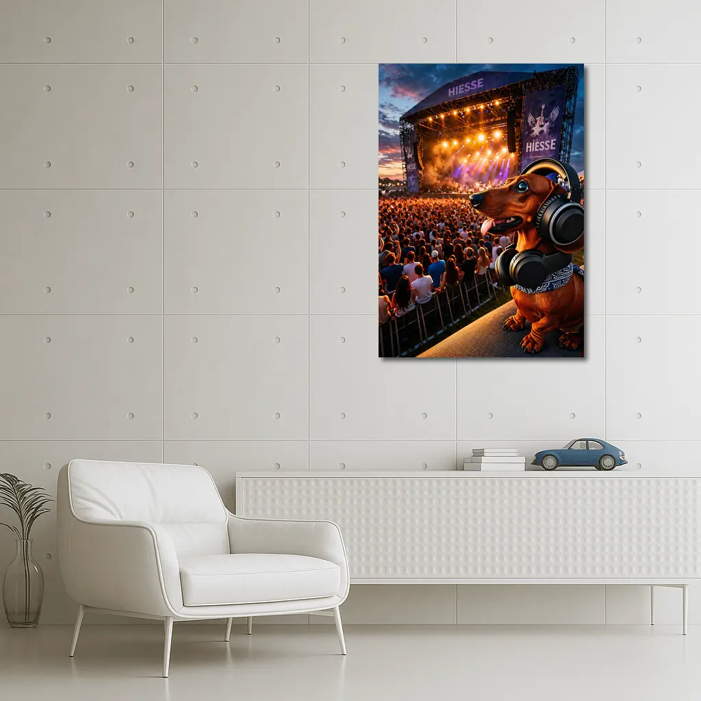 Dachshund With Headphones At Music Festival – Wall Art